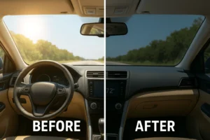 Before and after photos of a car with without window tint
